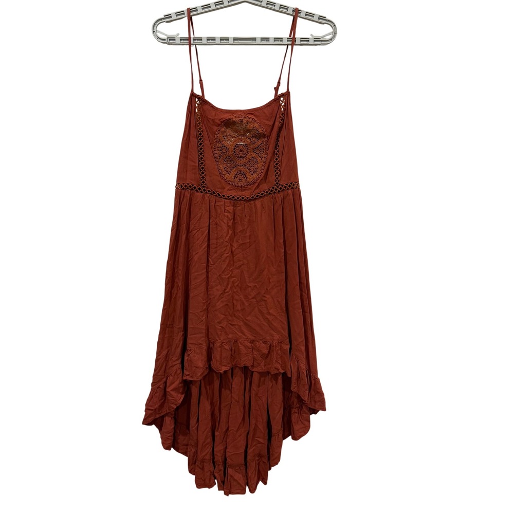 Rusttydustty Womens Rust Orange Crochet Lace High Low Boho Summer Dress Medium